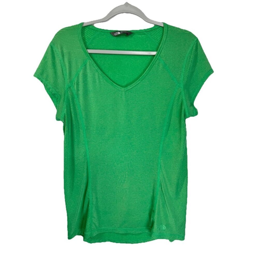 The North Face V-Neck Shirt Size Large Green Short Sleeve Lightweight Front Seam